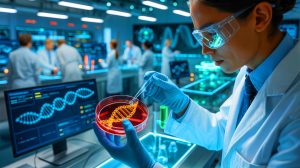 Illustration de la manipulation génétique pour prévenir les maladies mitochondriales, réalisée par intelligence artificielle.