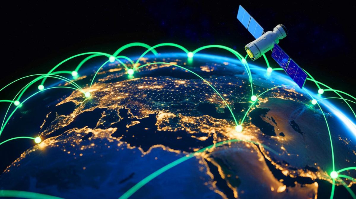 Illustration de la surveillance mondiale par constellation de satellites grâce à l'intelligence artificielle. Image réalisée par IA.