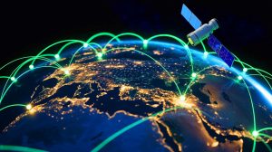 Illustration de la surveillance mondiale par constellation de satellites grâce à l'intelligence artificielle. Image réalisée par IA.