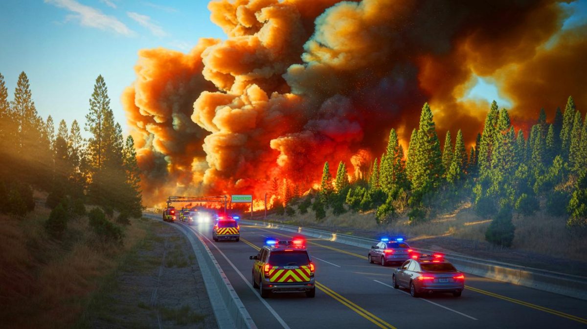 Illustration de l'autoroute A9 fermée en raison des fumées d'un incendie de forêt, générée par intelligence artificielle.