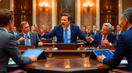 Illustration de débats au Sénat sur la relance du nucléaire et le financement des énergies renouvelables, générée par intelligence artificielle.