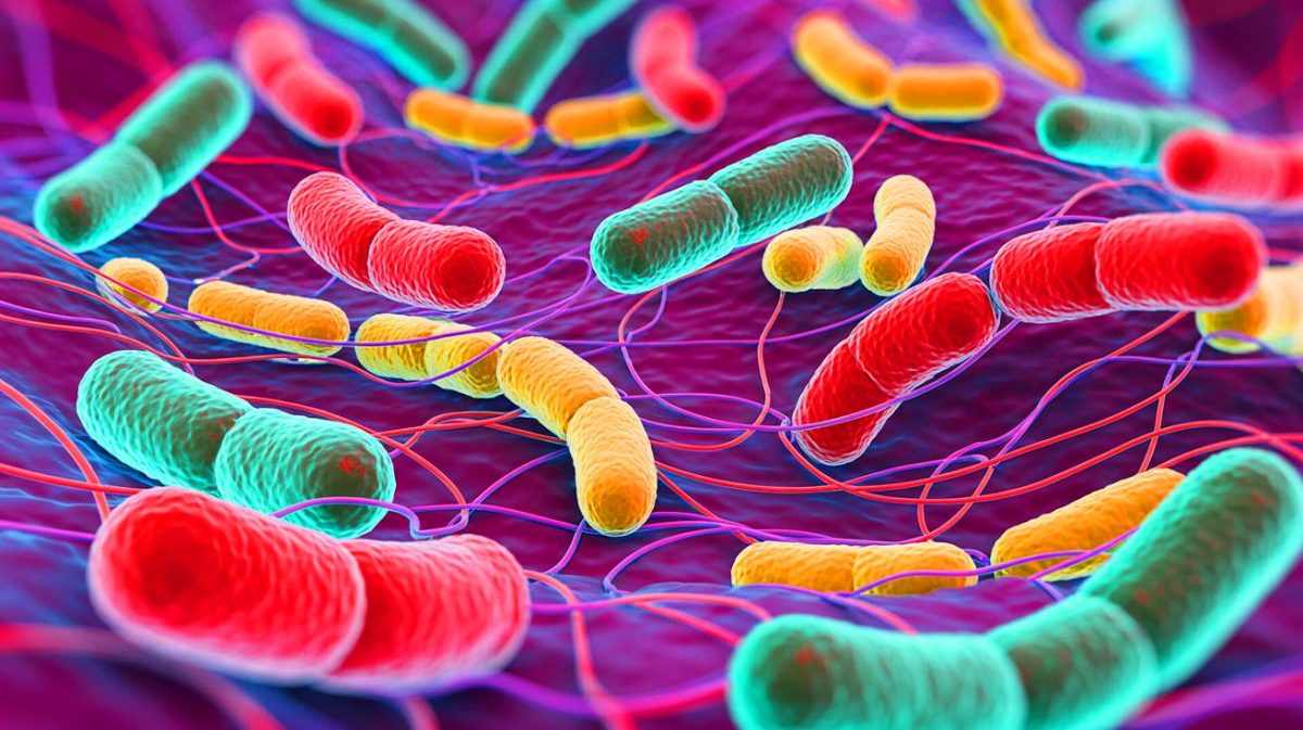 Illustration de biofilm bactérien montrant le transfert d'ADN de résistance aux antibiotiques. Image réalisée par IA.