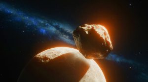 Illustration de l'astéroïde 2024 YR4 se dirigeant vers la Lune, générée par intelligence artificielle.