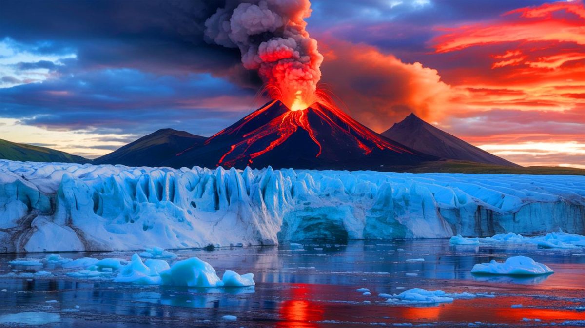 Illustration de la fonte des glaciers entraînant des éruptions volcaniques sous-glaciaires, générée par intelligence artificielle.