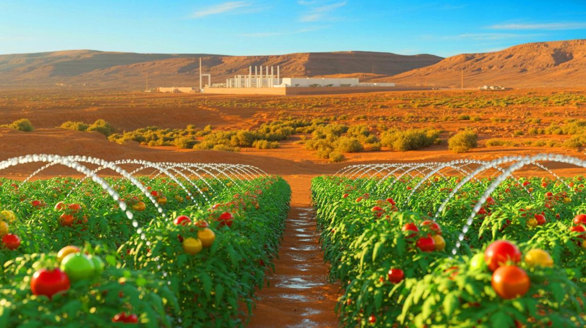Illustration de la pénurie d'eau dans le sud du Maroc et l'utilisation de l'eau dessalée pour l'agriculture, générée par intelligence artificielle.