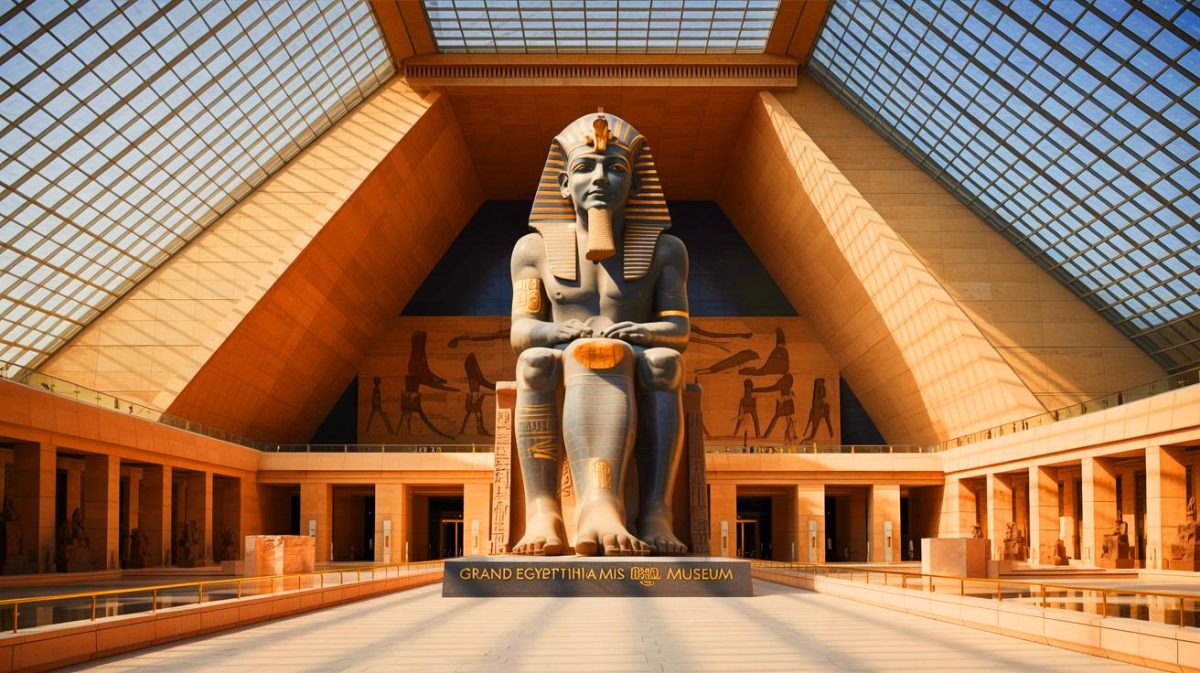 Illustration de l'intérieur du Grand Musée égyptien au Caire, avec la statue colossale de Ramsès II, générée par intelligence artificielle.