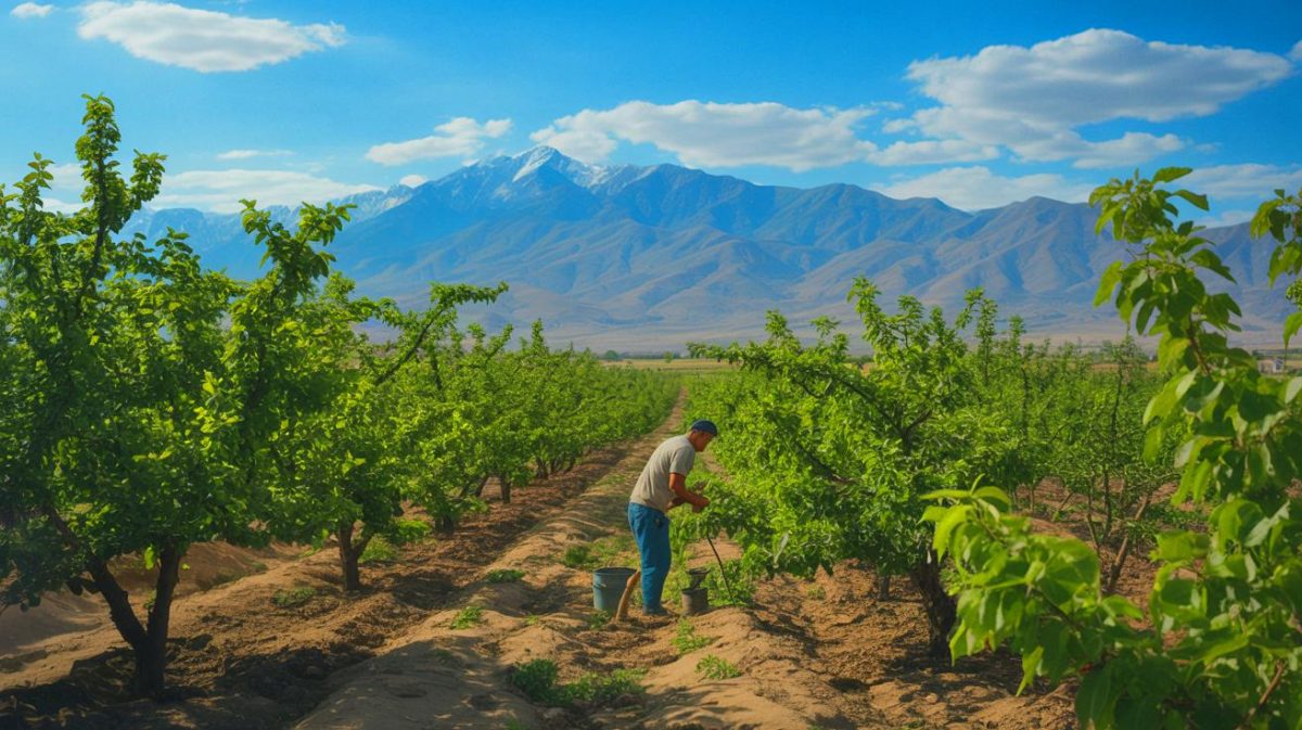 Illustration de la lutte des agriculteurs tadjiks pour protéger leurs abricotiers face au changement climatique, générée par intelligence artificielle.