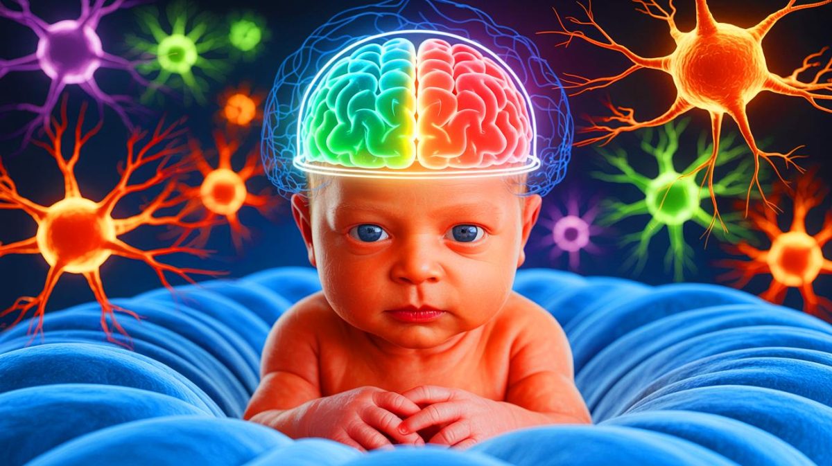 Illustration de la découverte des taux élevés de p-tau217 chez les nouveau-nés, générée par intelligence artificielle.