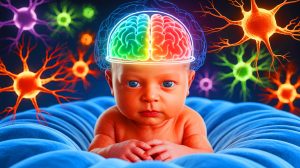 Illustration de la découverte des taux élevés de p-tau217 chez les nouveau-nés, générée par intelligence artificielle.