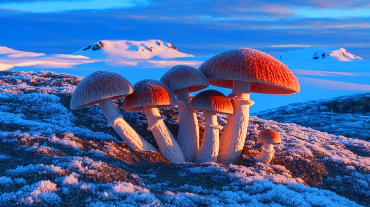 Illustration de champignons recouverts de givre sur un sol volcanique gelé en Antarctique, créée par intelligence artificielle.