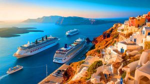 Illustration de la taxe sur les croisiéristes à Santorin et Mykonos pour réguler l'afflux touristique. Image réalisée par IA.