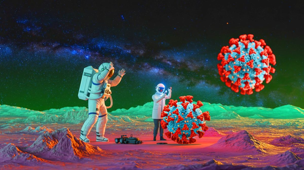 Illustration de l'exploration spatiale et des recherches sur les origines du Covid, créée par intelligence artificielle.