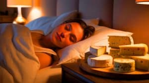 Illustration de l'influence potentielle du fromage sur la qualité du sommeil et les rêves. Image réalisée par IA.