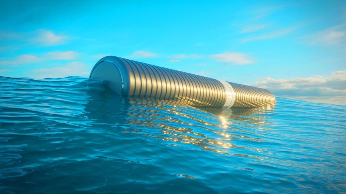 Illustration de la technologie de Seaturns exploitant l'énergie des vagues, générée par intelligence artificielle.