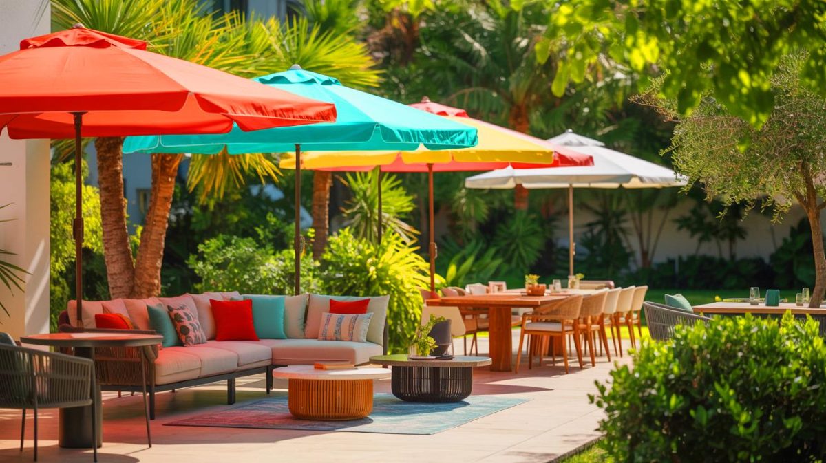 Illustration de parasols de terrasse innovants et esthétiques pour 2025. Image réalisée par IA.