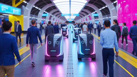 Illustration de robots autonomes prenant le métro à Shenzhen, créée par intelligence artificielle.