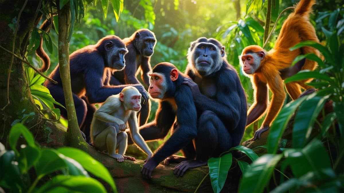 Illustration de l'étude sur la dynamique des pouvoirs entre mâles et femelles chez les primates, générée par intelligence artificielle.
