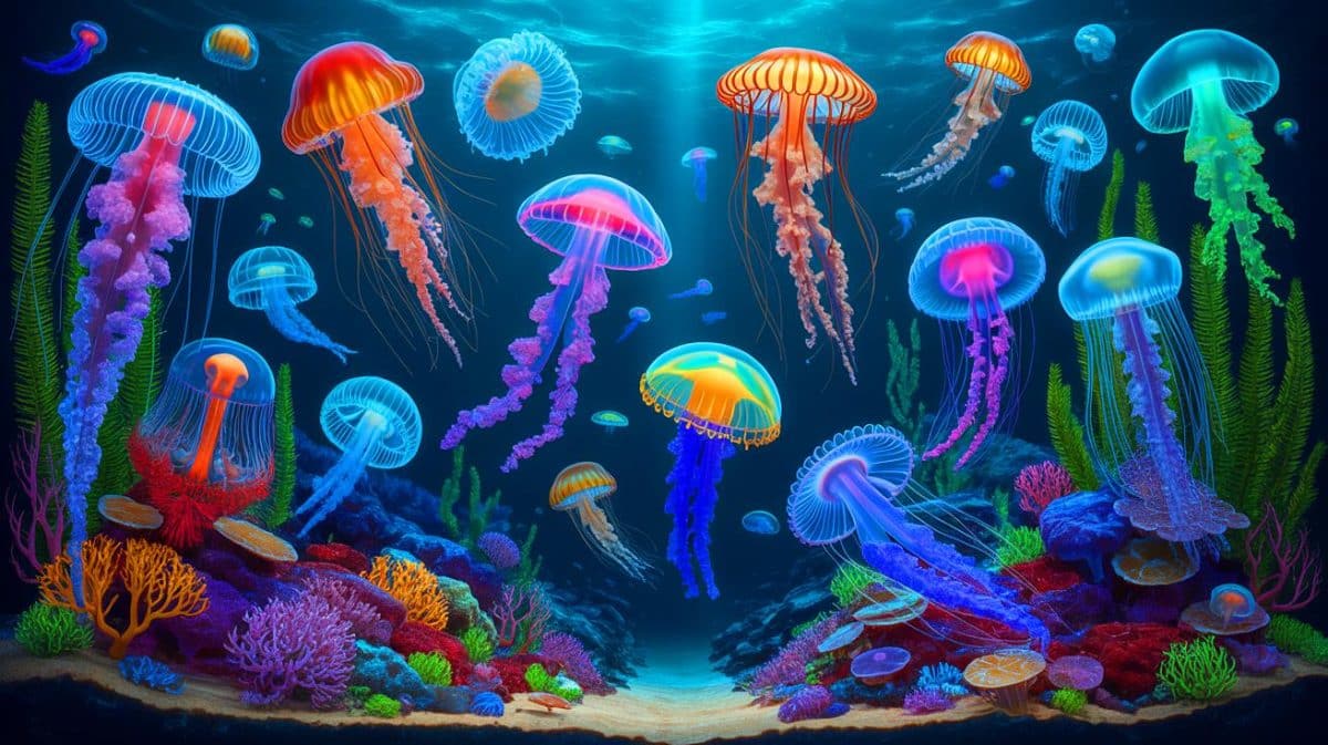 Illustration de la diversité des cycles de vie des méduses et de leur adaptation dans les écosystèmes marins. Image réalisée par IA.