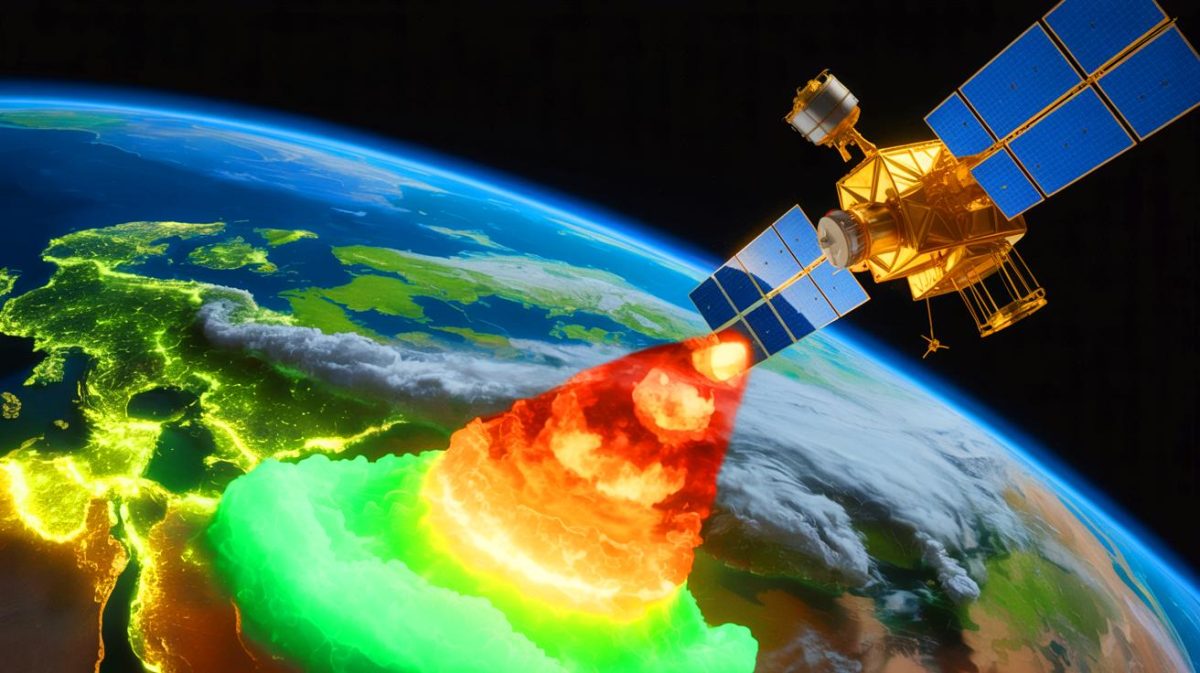 Illustration de la surveillance des émissions de CO2 par le satellite Carb-Chaser, générée par intelligence artificielle.