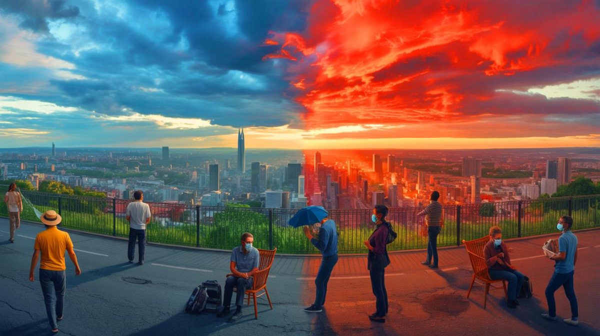 Illustration de l'impact du Covid-19 et de la canicule sur notre société, créée par intelligence artificielle.