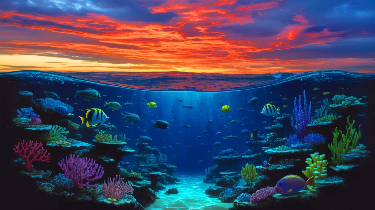 Les scientifiques sonnent l’alarme : cet assombrissement rapide des océans pourrait bouleverser l’équilibre environnemental mondial et menacer la vie marine Illustration de l'assombrissement des océans et de ses impacts sur les écosystèmes marins. Image réalisée par IA.