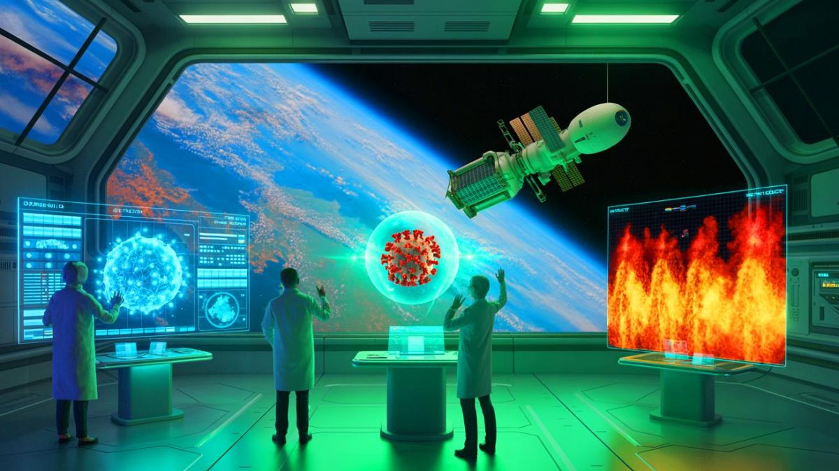 Illustration de l'impact des origines du Covid-19 et de la canicule sur l'exploration spatiale, générée par intelligence artificielle.