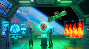 Illustration de l'impact des origines du Covid-19 et de la canicule sur l'exploration spatiale, générée par intelligence artificielle.