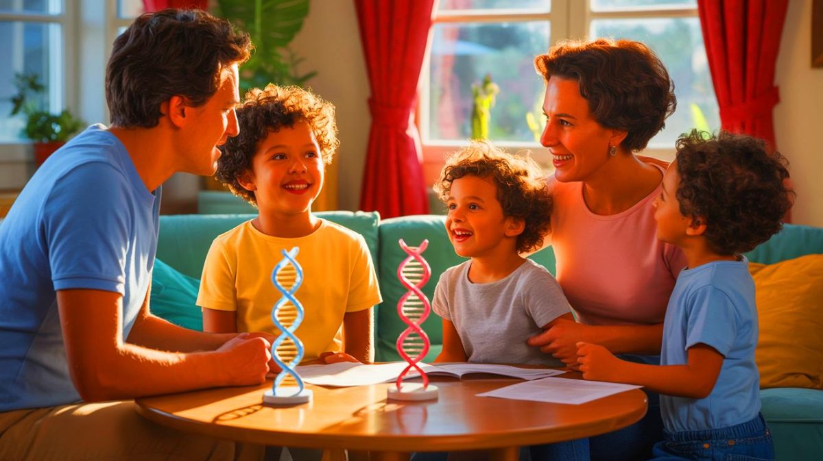 Illustration de l'influence des facteurs familiaux et génétiques sur le sexe des enfants, générée par intelligence artificielle.