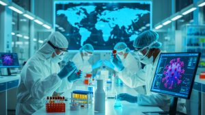 Illustration de l'hypothèse d'un virus échappé d'un laboratoire dans le contexte des origines du Covid-19, générée par intelligence artificielle.