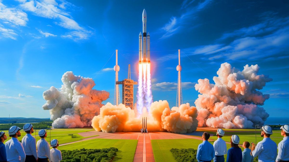 Illustration de l'European Launcher Challenge avec des fusées innovantes, créée par intelligence artificielle.