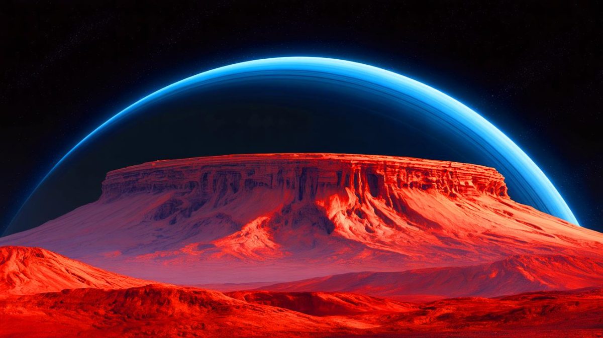 Illustration de Olympus Mons et la crête équatoriale de Japet, générée par intelligence artificielle.