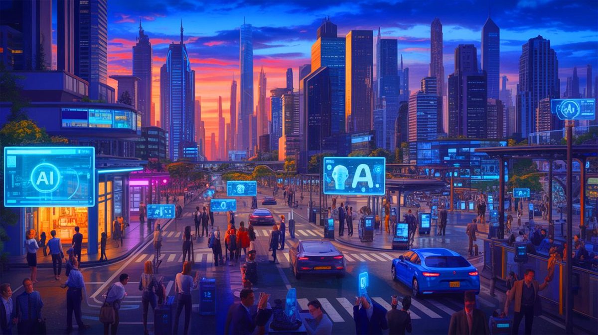 Illustration d'un monde dystopique où l'intelligence artificielle redéfinit l'emploi et les inégalités sociales, générée par intelligence artificielle.