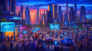 Illustration d'un monde dystopique où l'intelligence artificielle redéfinit l'emploi et les inégalités sociales, générée par intelligence artificielle.