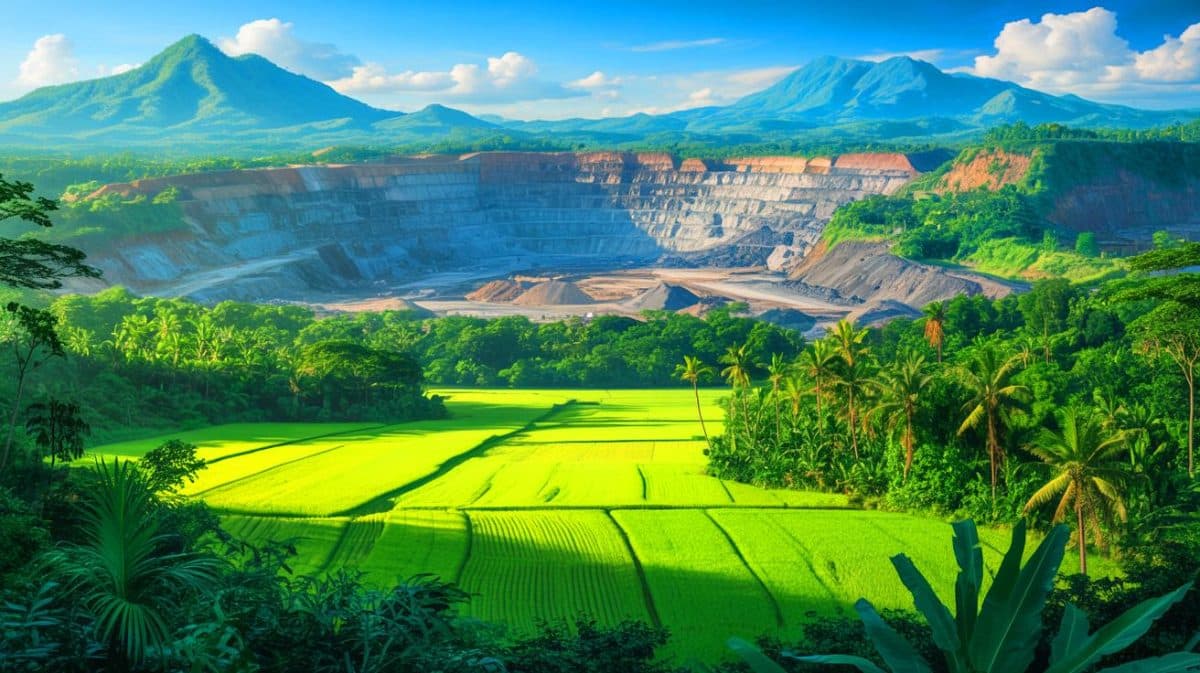 Illustration de l'impact de l'exploitation minière sur l'île de Palawan aux Philippines. Image réalisée par IA.