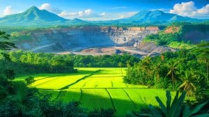 Illustration de l'impact de l'exploitation minière sur l'île de Palawan aux Philippines. Image réalisée par IA.