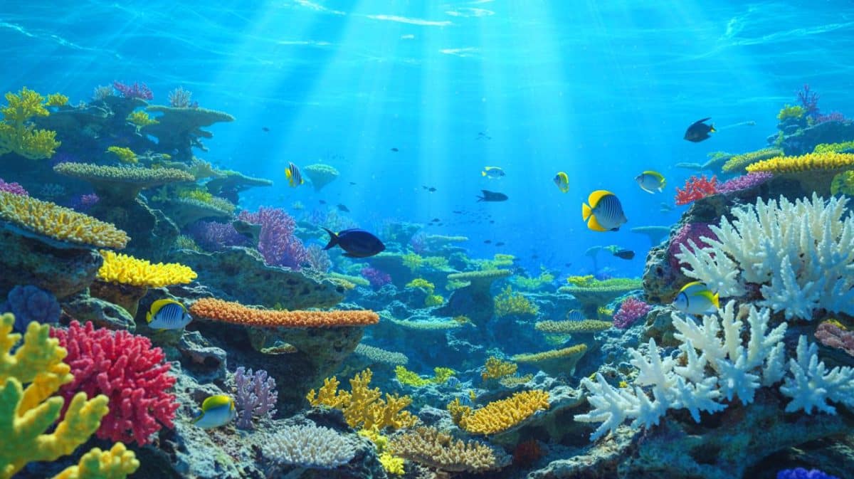 Illustration de l'acidification des océans et ses impacts sur les écosystèmes marins, réalisée par intelligence artificielle.