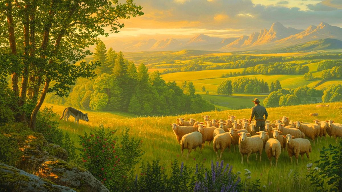 Illustration de la cohabitation complexe entre loups et pastoralisme en France. Image réalisée par IA.