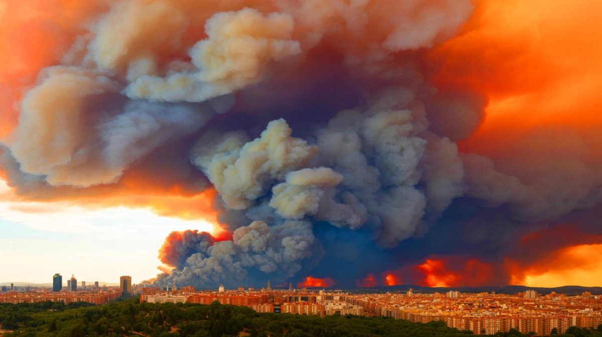 Illustration de l'immense nuage de fumée recouvrant Madrid, causé par un incendie de forêt, générée par intelligence artificielle.