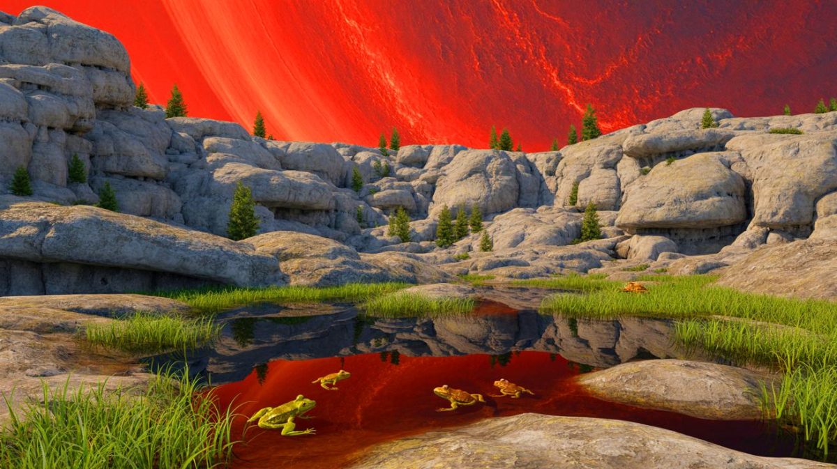 Illustration de découvertes scientifiques incluant des roches anciennes, l'inhabitabilité de Mars et l'impact de l'urbanisation sur les grenouilles, générée par intelligence artificielle.