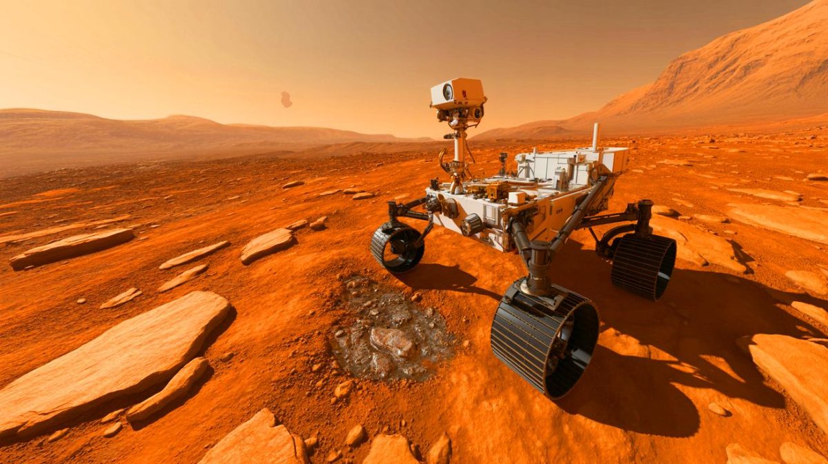 Illustration de la découverte de sidérite par le rover Curiosity sur Mars, générée par intelligence artificielle.