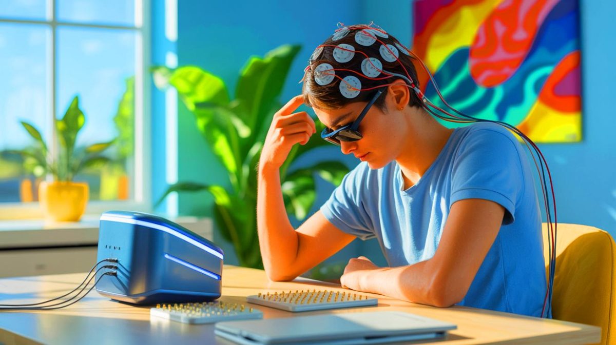 Illustration de la stimulation électrique du cerveau pour améliorer les compétences en mathématiques. Image réalisée par IA.