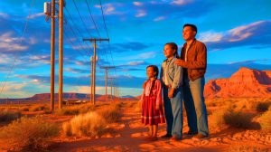 Illustration de l'électrification de la Nation Navajo au cœur du désert de l'Arizona, générée par intelligence artificielle.