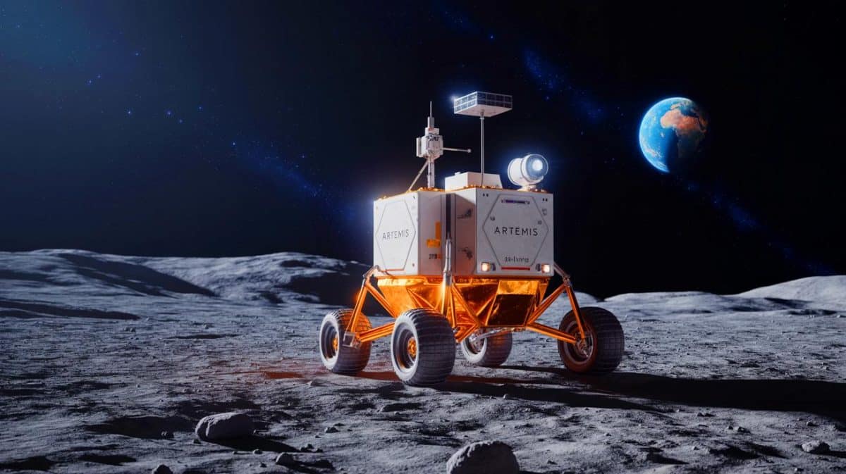 Illustration de la jeep lunaire LTV du programme Artémis explorant la surface de la Lune, générée par intelligence artificielle.