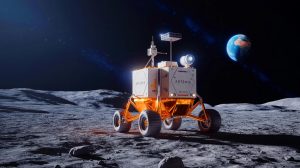 Illustration de la jeep lunaire LTV du programme Artémis explorant la surface de la Lune, générée par intelligence artificielle.