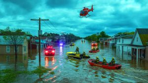 Illustration de l'impact dévastateur des inondations au Texas, générée par intelligence artificielle.