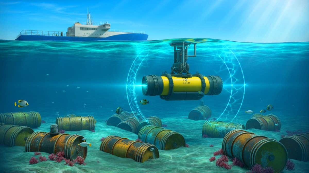 Illustration de l'expédition scientifique cartographiant des fûts de déchets radioactifs immergés dans l'Atlantique Nord, générée par intelligence artificielle.