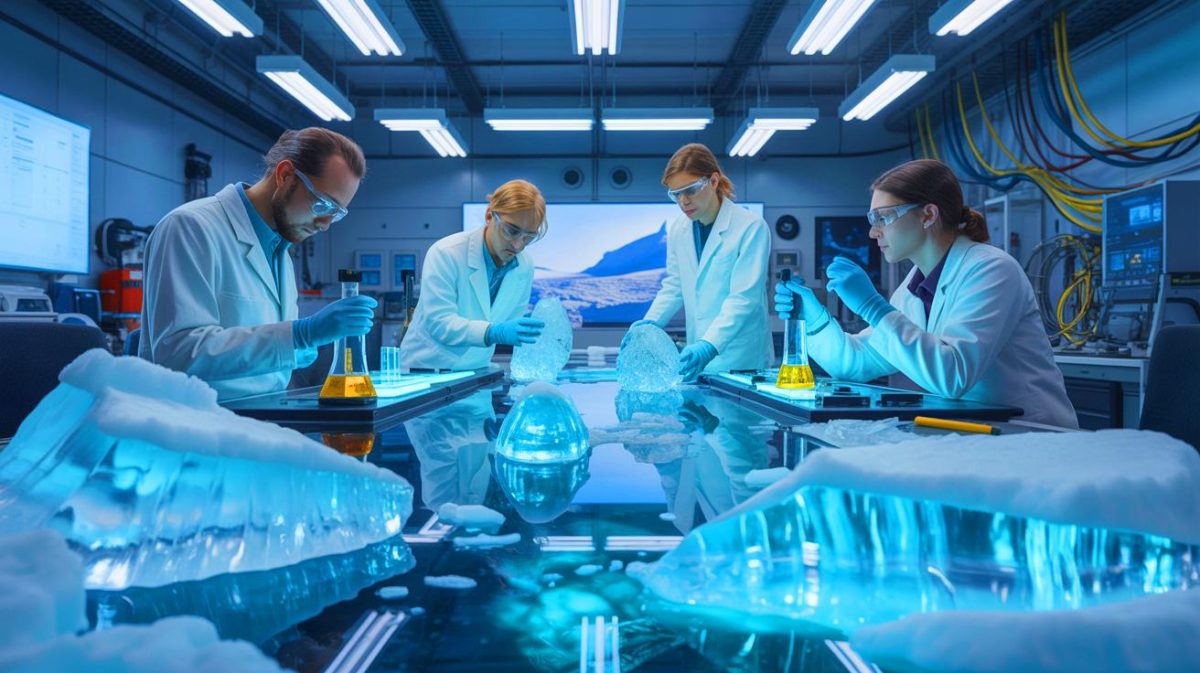 Illustration de scientifiques analysant des carottes glaciaires antarctiques dans un laboratoire, générée par intelligence artificielle.