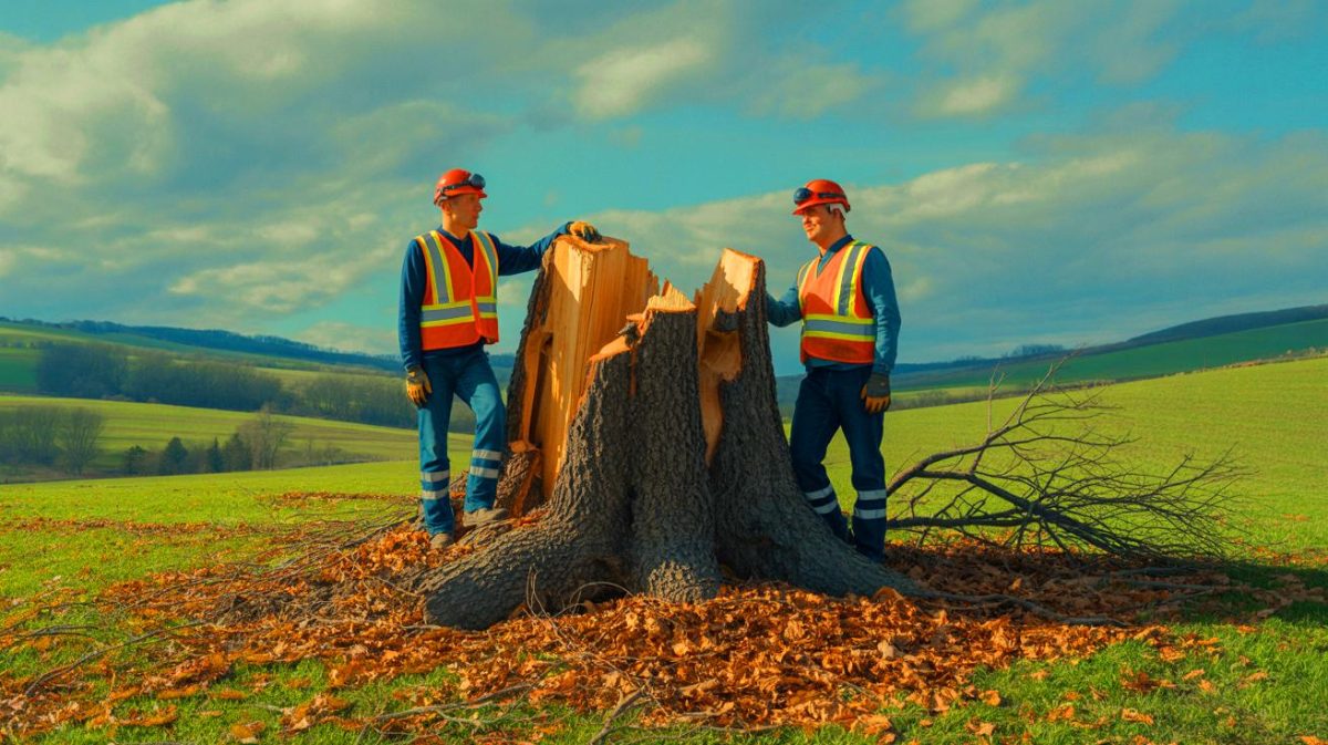 Illustration de l'abattage de l'arbre emblématique Sycamore Gap par deux hommes, générée par intelligence artificielle.