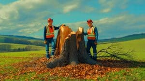 Illustration de l'abattage de l'arbre emblématique Sycamore Gap par deux hommes, générée par intelligence artificielle.