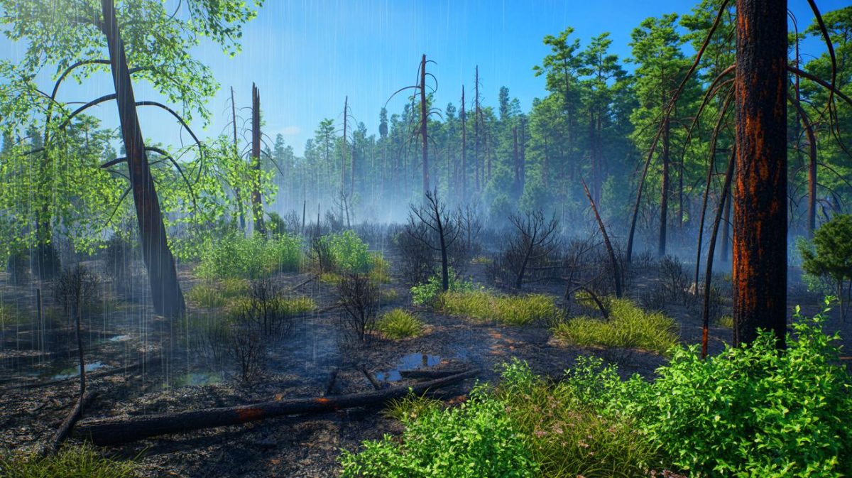 Illustration de l'incendie maîtrisé dans la forêt de Brocéliande, créée par intelligence artificielle.